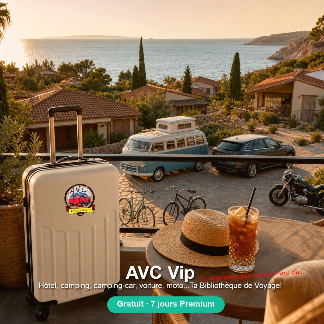 AVC Vip — Ta bibliothèque de voyage : hôtel, camping, van, voiture et moto